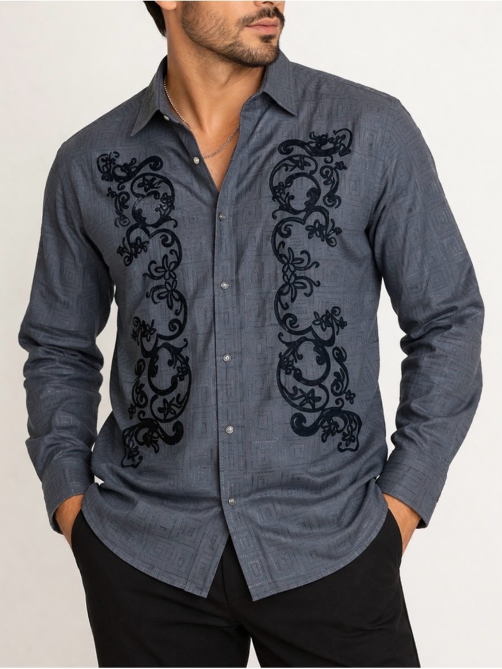 Men's Long Sleeve Charcoal Gray/black Embroidered Dress Shirt SZ XL western rock